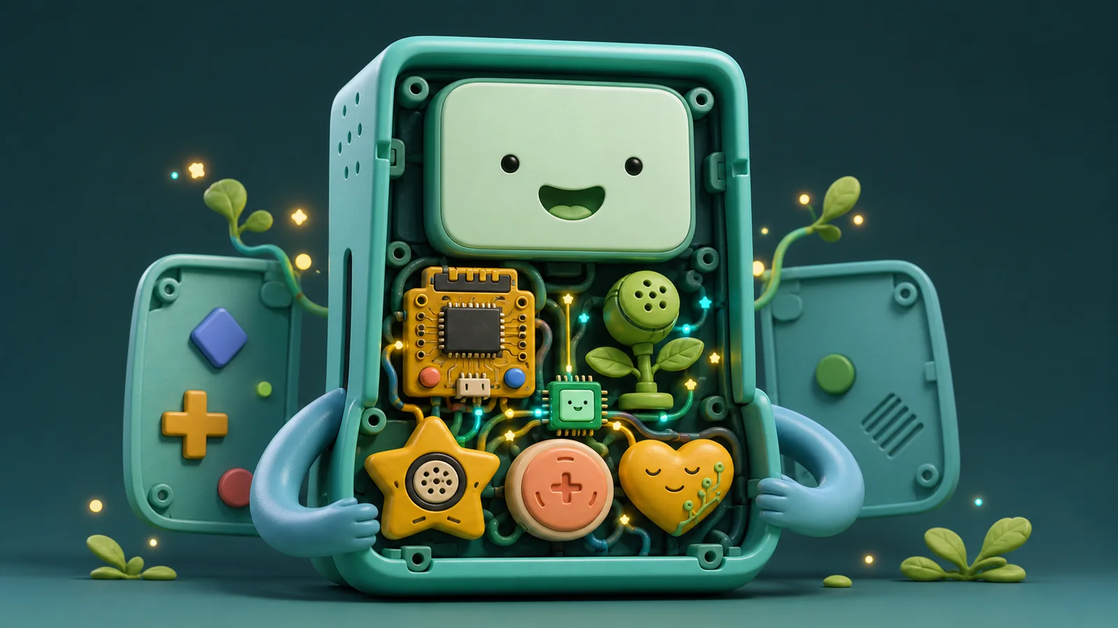 A mint-green open console showing whimsical hardware organs inside.