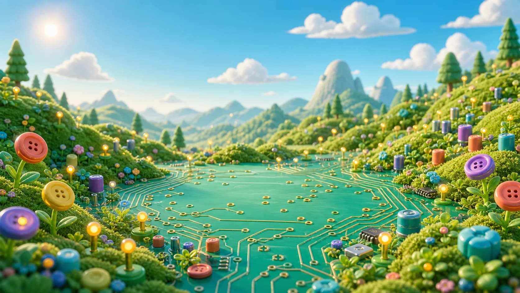 A bright circuit-board meadow with button flowers and glowing solder pads.